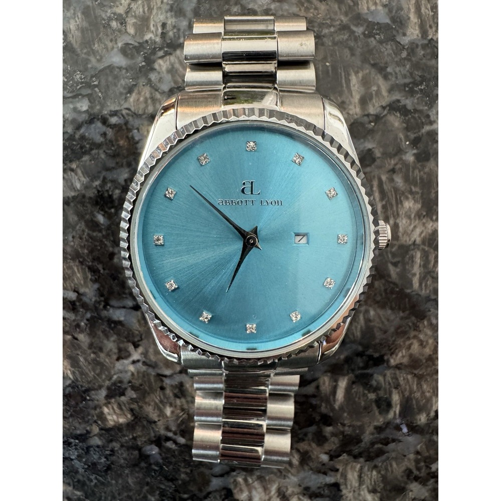 Abbott Lyon Stellar‎ 40mm Watch Silver Turquoise Blue Dial Crystal Markers Date